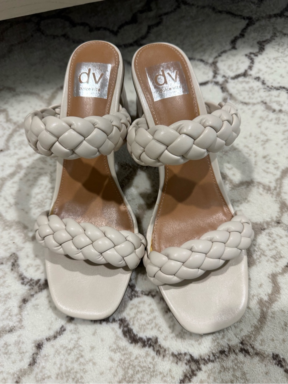 Braided Strap Square-Toe Heeled Sandals in Pink, Taupe, off White, Metallic. - Picture 7 of 10